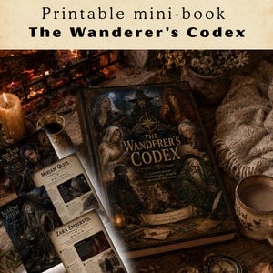 May include: A printable mini-book titled The Wanderer's Codex, featuring a collection of fantasy NPCs, secrets, and adventure hooks. The cover displays dark, detailed illustrations of various characters, with additional character cards for The One-Eyed Rogue, Miriam Quill, The Marsh Witch, and Zara Emberveil.