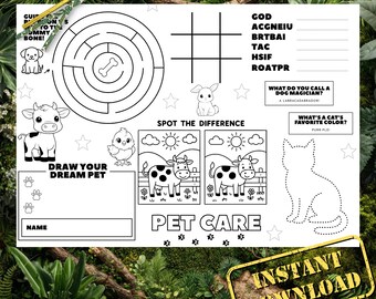 Animals Activity Placemat: Pet Care Coloring Page, Cafe Games (Digital Download)