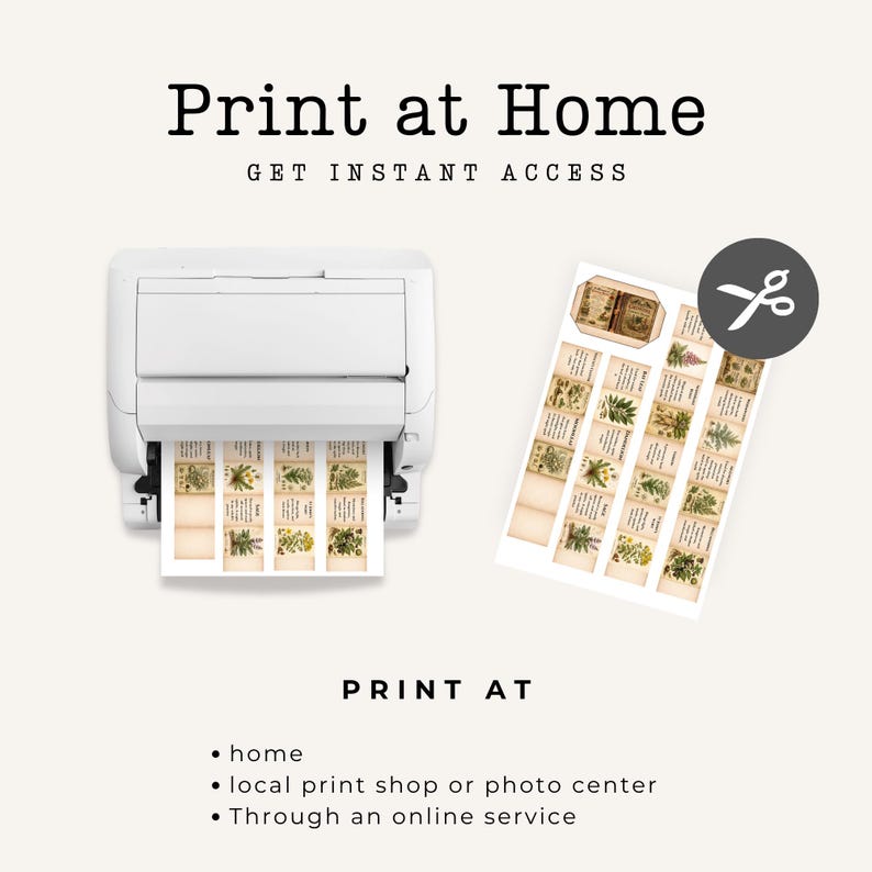 May include: A white printer printing botanical-themed cards. The cards feature illustrations of plants and text. The image includes the text "Print at Home" and "Get Instant Access". A pair of scissors is in the upper right corner.