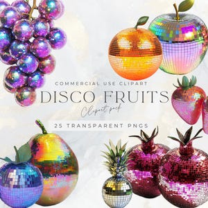 Fruit disco, PNG transparent, clipart animaux géniaux, boule disco, clipart boule disco, danse, grenade, ananas, baies disco