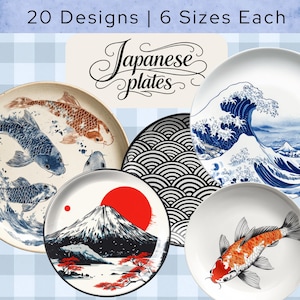 Puede incluir: Una colección de platos japoneses con diversos diseños. Los platos muestran imágenes de peces koi, el monte Fuji y olas del océano. El texto de la imagen dice "20 Designs | 6 Sizes Each" y "Japanese plates".