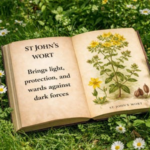 An open book on grass with daisies. The left page reads "ST JOHN'S WORT" and "Brings light, protection, and wards against dark forces." The right page has a botanical illustration of the plant with yellow flowers.