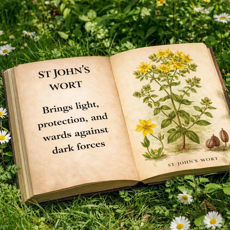 An open book on grass with daisies. The left page reads "ST JOHN'S WORT" and "Brings light, protection, and wards against dark forces." The right page has a botanical illustration of the plant with yellow flowers.