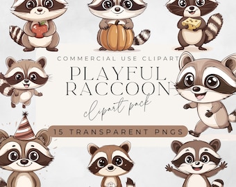 Kawaii Raccoon Clipart: Playful PNG Images (Digital Download)