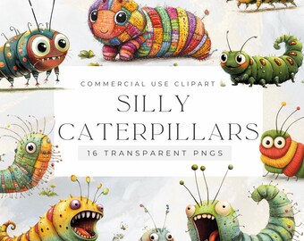 Silly Caterpillar Clipart: Funky Insect PNG Graphics (Digital Download)