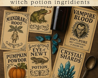 May include: A collection of printable witch potion ingredient labels on aged paper. The labels include "Mandrake Root," "Pumpkin Powdor," "Eye of Newt Potion," "Vampire Blood," and "Crystal Shards." The image also features a bottle, blue crystals, and a spoon.