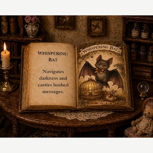 Op de afbeelding: Een open antiek boek met de titel "Whispering Bat" en een illustratie van een vleermuis. De tekst luidt: "Navigeert door de duisternis en draagt gefluisterde boodschappen." Een brandende kaars en decoratieve items zijn op de achtergrond.