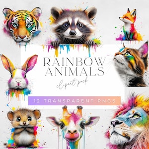 Rainbow Animal Clipart: Funky Watercolor PNG (Digital Download)