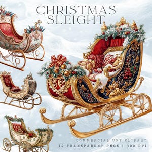 12 Christmas Sleight Clipart,  Santa Sleigh Clipart, Red Sleigh Png, Christmas Bundle Png