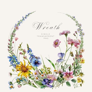 Wild Flower Wreath Clipart, Floral Wreaths, Delicate Flower Frame, Spring Wreath, Wedding Invitation Clip Art, transparent PNG, Single image