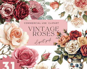Vintage Roses Clipart: Floral Bouquet PNG, Botanical Illustration (31 Files) (Digital Download)