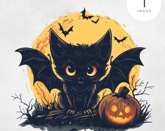 Halloween Cat PNG: Bat Wings, Pumpkin, Commercial Use (Digital Download)