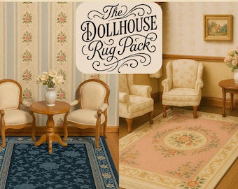 May include: Miniature dollhouse rugs in a variety of designs and sizes are displayed. The image features a navy blue rug with floral patterns and a pink rug with a central floral medallion. The text on the image reads "The Dollhouse Rug Pack".