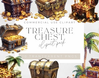 Pirate Treasure Chest Clipart: Watercolor PNG Graphics (Digital Download)