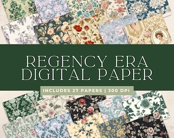 May include: A collection of 27 digital papers featuring Regency Era floral patterns in various colours, including green, blue, pink, and red. The papers are 300 DPI.