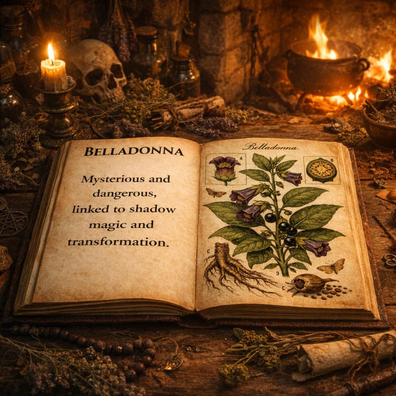 An aged open book with the word "BELLADONNA" at the top. Text below reads "Mysterious and dangerous, linked to shadow magic and transformation." The right page features a botanical illustration of a plant with purple flowers and black berries.