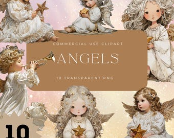 Conjunto de imágenes prediseñadas navideñas de ángeles, 10 PNG, arte navideño vintage