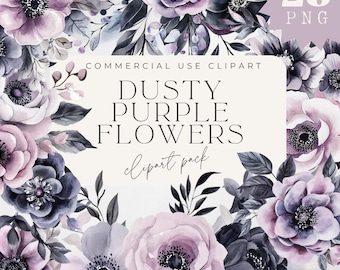 Dusty Purple Floral Clipart: Watercolor Wreath, Elegant PNG (Digital Download)