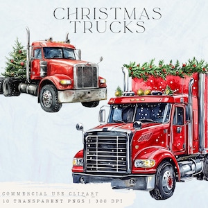 Watercolor Christmas Truck Clipart: Red Holiday Truck with Tree (PNG Digital Download)