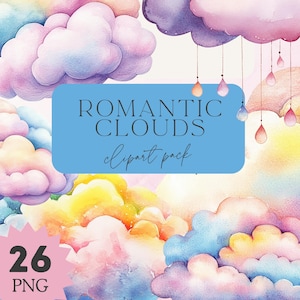 26 水彩雲クリップアート、パステル雲、ソフトピンクの空の要素、ソフト紫の雲、招待状、ベビーシャワー、スクラップブック、ステッカー