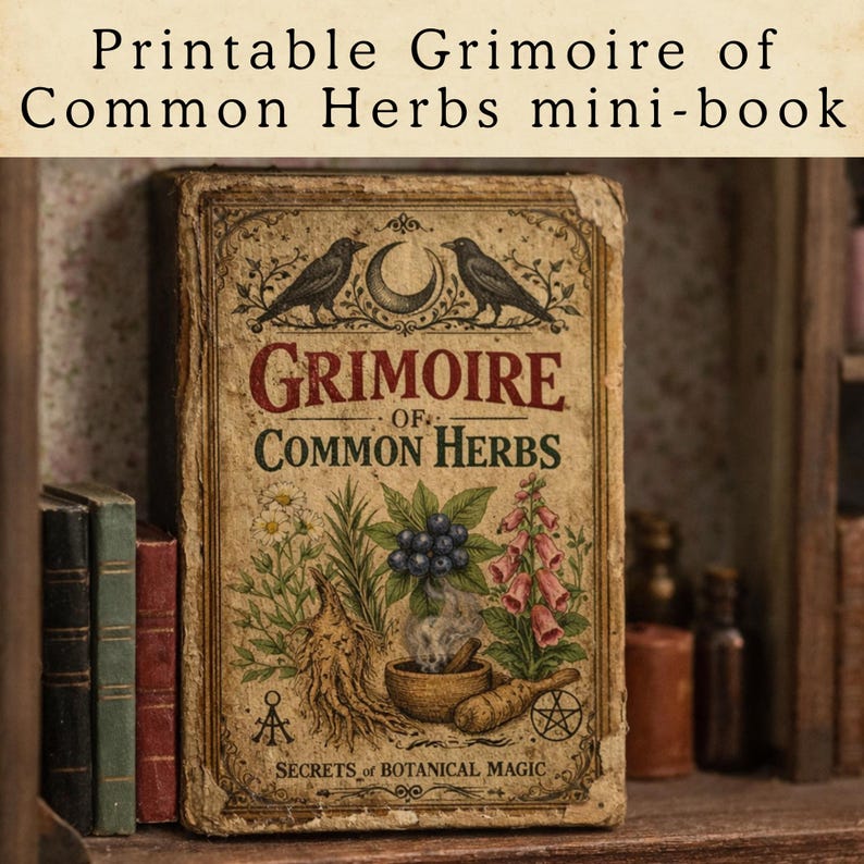A weathered mini-book, "Printable Grimoire of Common Herbs." The cover displays the title in red, with illustrations of ravens, a crescent moon, and botanical elements. The book is on a wooden shelf, suggesting a collection of magical texts.