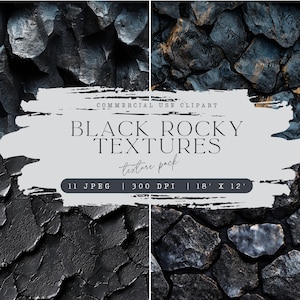 Puede incluir: Una descarga digital de 11 texturas rocosas negras y grises. Las texturas son de alta resolución, 300 DPI, y miden 45,7 cm por 30,5 cm.  COMMERCIAL USE CLIPART BLACK ROCKY TEXTURES texture pack 11 JPEG | 300 DPI | 18' X 12'