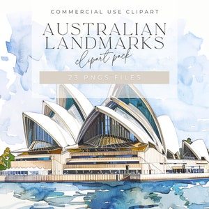 23 punti di riferimento australiani dell'acquerello, PNG di alta qualità, download digitale, creazione di carta, clipart stampabile, teatro dell'opera, Harbour Bridge