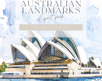 May include: Watercolor illustration of the Sydney Opera House, a famous landmark in Australia. The building is white with a distinctive sail-like roof and is situated on the waterfront. The illustration is part of a clipart pack of 23 PNG files.