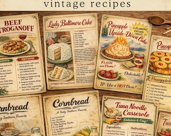 Vintage Dollhouse Recipe Cards Clipart Pack, Miniature Kitchen Printables, Old-Fashioned Food Posters
