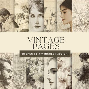 Páginas de diario basura con encanto romántico vintage / 28 archivos JPEG / Efímeras antiguas / Uso comercial / Descarga instantánea / Páginas antiguas de parejas románticas