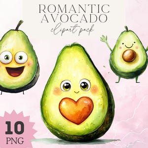 10 imágenes prediseñadas de aguacate en acuarela, lindo gráfico de aguacate, lindo clipart de fruta, calcomanía, planificador, sublimación, invitaciones, álbum de recortes, corazón