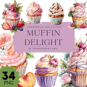 Imágenes prediseñadas de muffins y cupcakes en acuarela, 34 imágenes PNG de postres, ilustración de panadería dulce