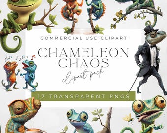 Watercolor Chameleon Clipart PNG, Funky Jungle Animals (Digital Download)