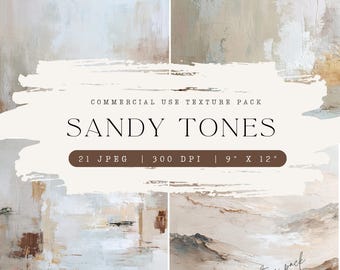 May include: A digital art pack featuring four abstract paintings in sandy tones. The artwork includes a variety of textures and colors, with the text "SANDY TONES" and "COMMERCIAL USE TEXTURE PACK". Each image is 9" x 12".
