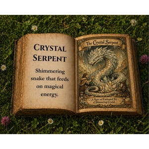 Op de afbeelding: Een open boek met de titel "Crystal Serpent" op de linkerpagina en een illustratie van een kristallen slang op de rechterpagina. De tekst beschrijft de slang als glinsterend en zich voedend met magische energie.