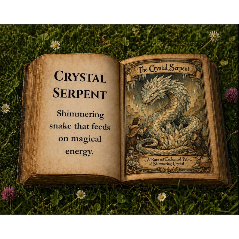 Op de afbeelding: Een open boek met de titel "Crystal Serpent" op de linkerpagina en een illustratie van een kristallen slang op de rechterpagina. De tekst beschrijft de slang als glinsterend en zich voedend met magische energie.