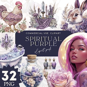 Watercolor Purple Clipart Bundle: Bunny, Crystal, Rose (PNG)