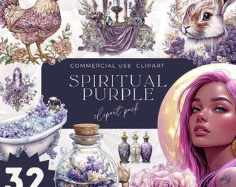 Aquarell Lila Clipart-Bundle: Häschen, Kristall, Rose (PNG)