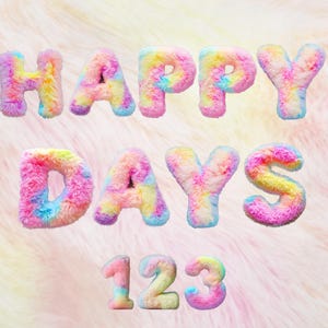 Puede incluir: Happy Days 123 escrito en letras y números esponjosos y coloridos. Las letras y los números son rosas, azules, amarillos y verdes.