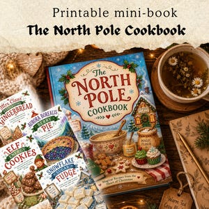 May include: A printable mini-book titled The North Pole Cookbook, featuring illustrations of a gingerbread house, a mixing bowl, and holiday treats. The cover displays text including Mrs. Claus Everlasting Gingerbread, Aurora Borealis Berry Pie, Elf Energy Cookies, and Snowflake Sugar Fudge.