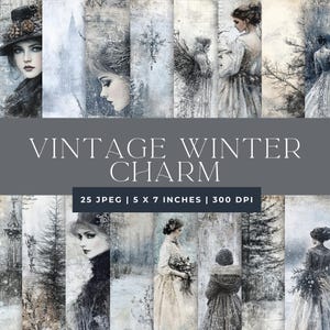 Páginas de diário de lixo vintage Winter Charm | 25 JPEGs | Ephemera antiga | Uso comercial | Download instantâneo