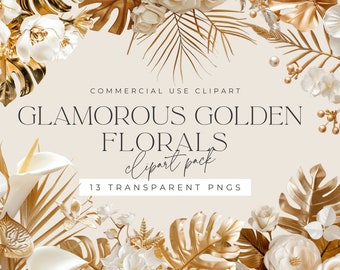 Golden Floral Clipart: White Flowers & Leaves (PNG Digital Download)