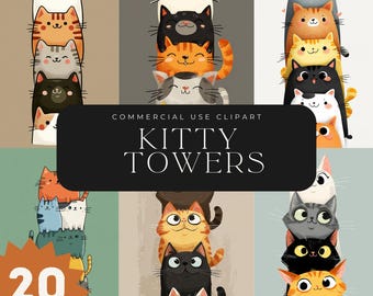 Silly Funny Cats Tower-illustraties, Junk Journal, eigenzinnige kat, plakboek, kaarten maken, grillige kitten, 20 jpeg, commercieel gebruik, direct downloaden
