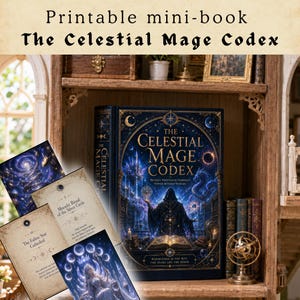 Puede incluir: Un minilibro imprimible titulado The Celestial Mage Codex, con una cubierta azul oscuro y detalles dorados que ilustran una figura con túnica, un dragón y estrellas. El conjunto incluye varias páginas con texto e imágenes de temática cósmica.