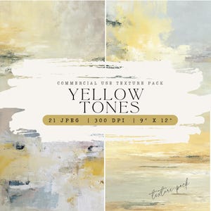 Puede incluir: Un paquete de arte digital titulado "Yellow Tones" con cuatro pinturas abstractas en tonos de amarillo, gris y blanco. El paquete incluye 21 archivos JPEG, 300 DPI, y las imágenes miden 22,86 cm x 30,48 cm. El texto "Commercial Use Texture Pack" está en la parte superior.