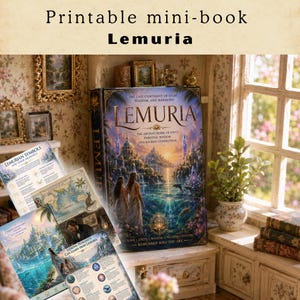 May include: A printable mini-book titled Lemuria featuring a cover with a fantasy landscape, two figures, and text including The Lost Continent of Light, Wisdom, and Harmony. The set includes pages with Lemurian symbols, maps, and spiritual lessons.