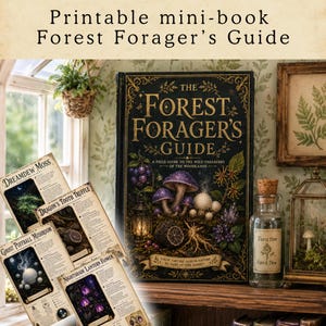 Könnte beinhalten: Ein druckbares Mini-Buch mit dem Titel "Forest Forager's Guide" mit detaillierten Illustrationen von Pilzen und Pflanzen. Das Buch steht auf einem Holzregal mit anderen botanischen Gegenständen, darunter ein Glas und gerahmte Kunst.