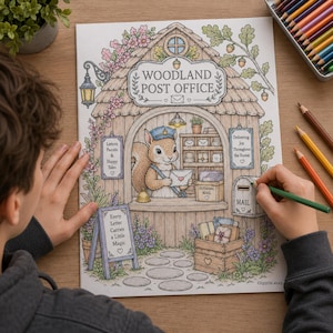 Woodland Shops Coloring Book for Adults, Cozy Cottagecore Forest Coloring Pages, Whimsical Stress Relief Art image 5