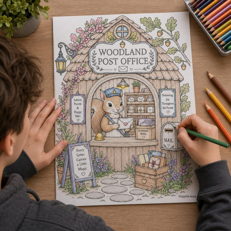 Woodland Shops Coloring Book for Adults, Cozy Cottagecore Forest Coloring Pages, Whimsical Stress Relief Art image 5