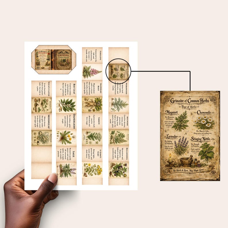 May include: A collection of vintage-style herb and botanical illustrations. The image includes a grimoire, individual herb labels, and a detailed chart titled "Grimoire of Common Herbs" with illustrations of mugwort, chamomile, lavender, and stinging nettle.